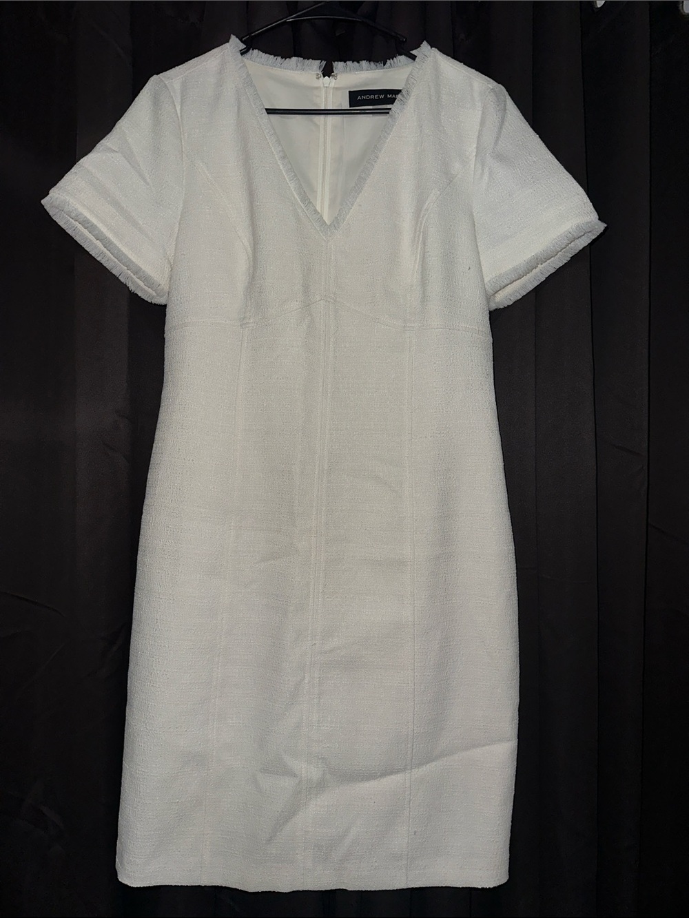 Andrew Marc White V-Neck Short Sleeve Midi Dress